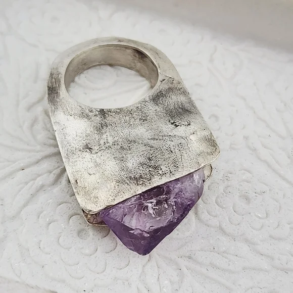 RAW AMETHYST STONE STATEMENT RING HANDMADE IN STERLING SILVER METAL SIZE 9